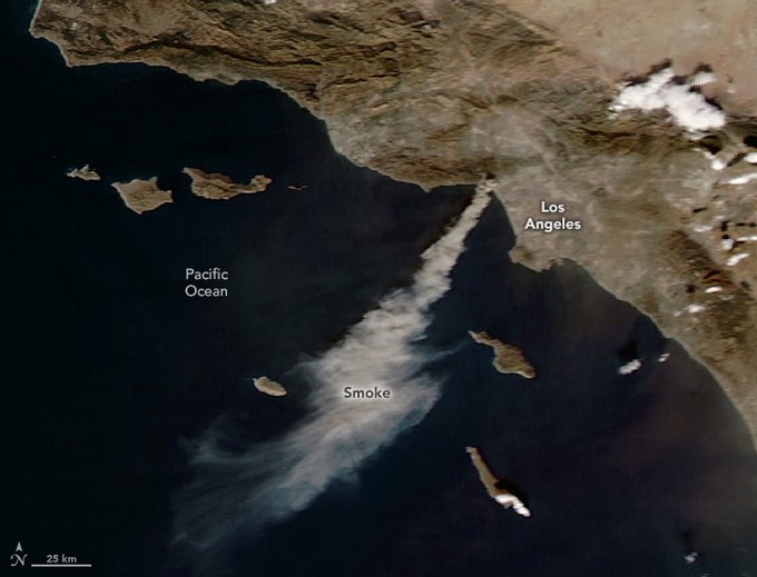 NASA satellite image of smoke from the Palisades fire in January 2025. The California coastline is shown on the right. A large, long plume of hazy gray smoke streams from the Los Angeles area and out over the dark blue water of the Pacific Ocean.