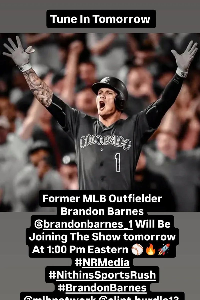 NRMedia50's tweet photo. Former MLB Outfielder @ThaBrandon_B will be joining the Show tomorrow at 1:00 Pm Eastern,. everyone please tune in, this will be awesome and fantastic @ClintHurdle13 @TheDnRCompany @AmyTrask @SimplyAJ10 @GeorgeSewe82001 ⚾🔥🚀 #NRMedia #NithinsSportsRush #BrandonBarnes https://t.co/Y6Ov19cXHX