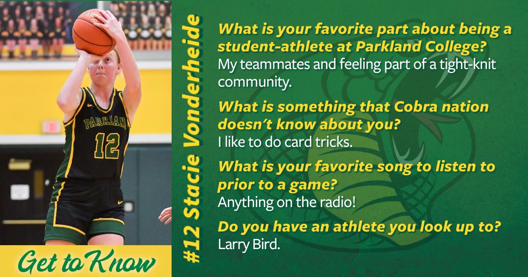 Get to know Stacie Vonderheide, a freshman on the women's basketball team. Stacie is also one of the December 2024 Parkland College Athletes of the Month!

The women's basketball team plays tonight at 5:30 PM at DACC. Follow along on the livestream: vcloud.hudl.com/broadcast/embe…