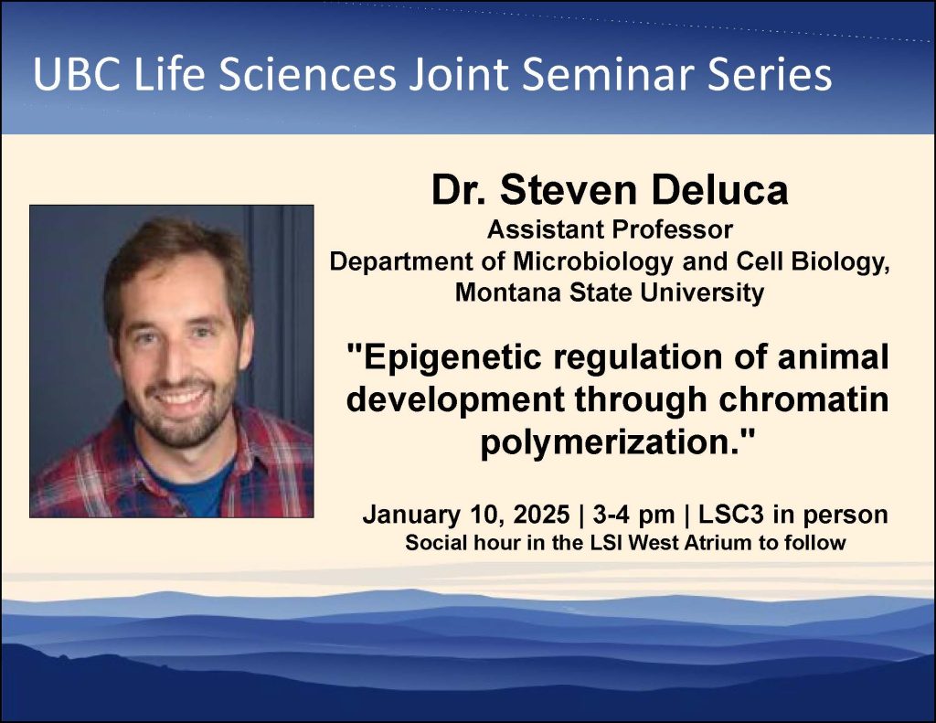 📢 LSI-BMB Joint Seminar!

Join us this Friday for an in-person presentation by Dr. Steven DeLuca, Assistant Professor, Department of Microbiology and Cell Biology, Montana State University, hosted by Dr. Ethan Greenblatt.

📍 January 10th , 3PM  in LSC3 

Hope to see you there!