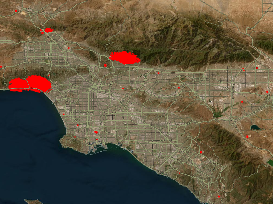NASA FIRMS firemap data over the LA Metro Area from about an hour ago.