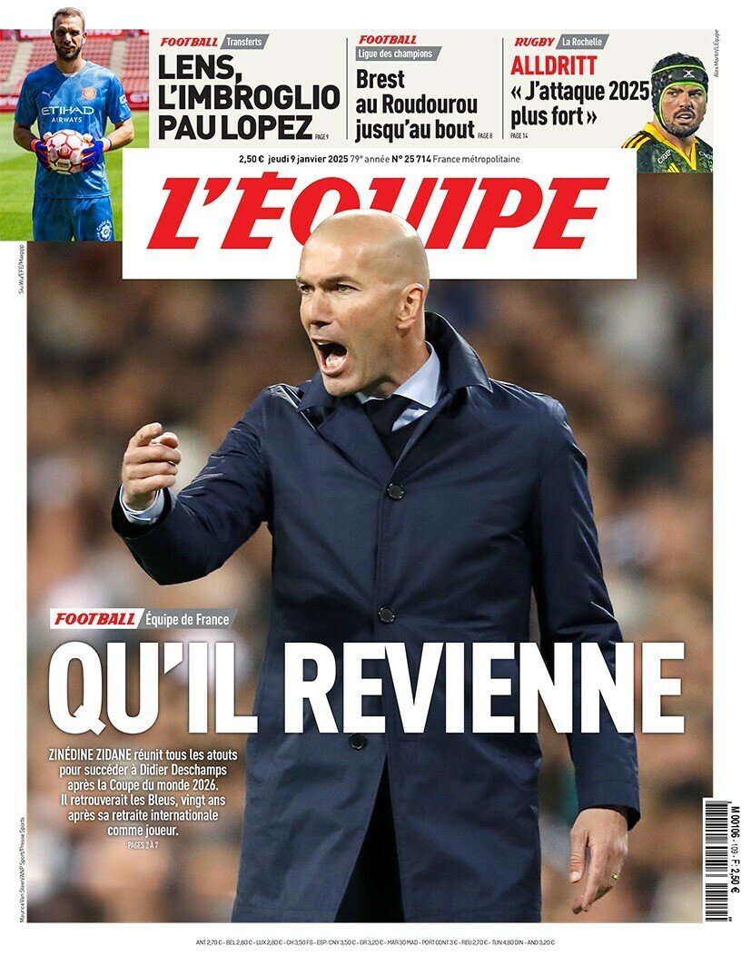« Qu'il revienne » en une du journal L'Équipe du jeudi 9 janvier 2025