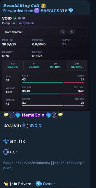 degenking99's tweet photo. 𝑺𝑶𝑳𝑨𝑵𝑨  $VOID

🌐 𝐂𝐀 : 

FKxv3RZ1KJr7GSbEUNNu5HwjjB4R134tEG4vGq7Tpump

 𝐂𝐚𝐥𝐥 10K ---> 1M

 🏆  𝐏𝐫𝐨𝐟𝐢𝐭    : 90X 
     
tg check : https://t.co/eFWZtqt6RH

#solana #memecoin https://t.co/5LQfz2n9iG
