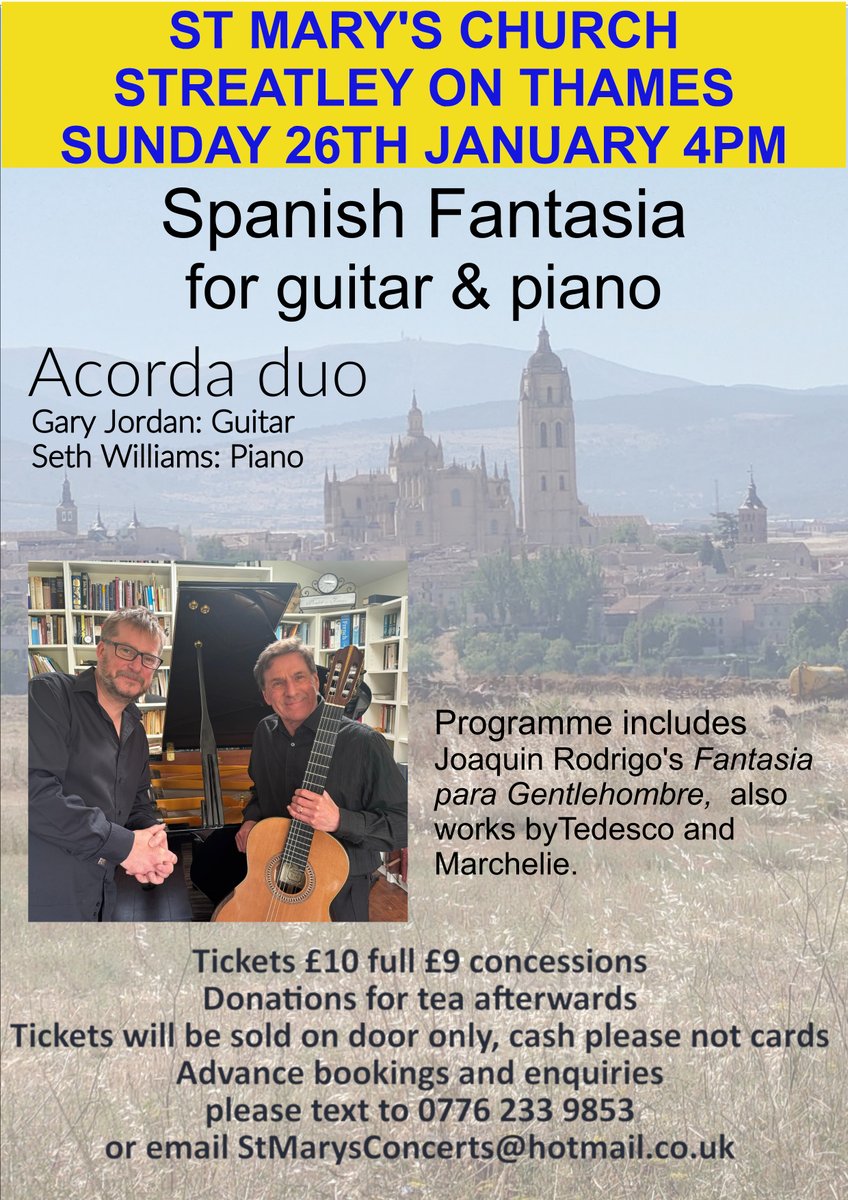 Not long to go! January 26th at 4pm the Acorda Duo bring Sunny Spain to wintry St Mary's Church Streatley on Thames! Flamenco music from Gary Jordan on classical guitar and Seth Williams on piano. @outlookpw <a href="/randamag/">Round & About Magazine</a> @goringstreatley @streatleypc <a href="/UpperBasildon/">UpperBasildon</a>