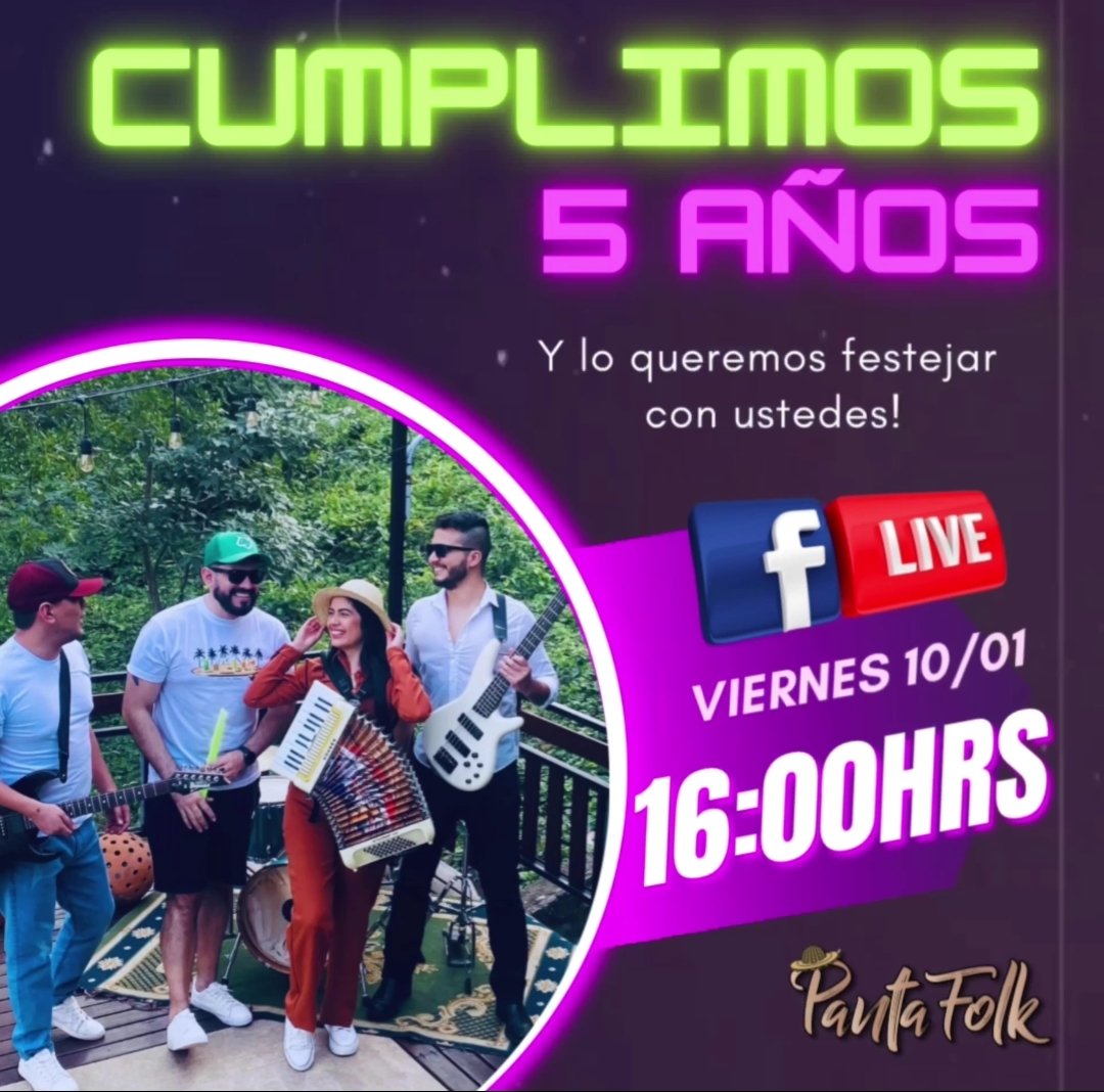 pantafolk's tweet photo. Cumplimos 5 años! Y queremos festejarlo con música y por supuesto con ustedes ! ✨
Les esperamos en nuestra cuenta de Facebook (Panta Folk) para un Live el viernes 10 de Enero a las 16:00hrs 💥
Préndanse y ahí nos vemos ❤️
#pantafolk
#paraguay 
#cumpleaños 
#FacebookLIVE https://t.co/kCZEx10myC