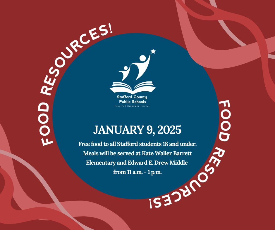 We understand that for some, this unexpectedly extended winter break has been difficult. We are pleased to let you know that we will offer free meals to all Stafford students 18 and under. Meals will be served at Kate Waller Barrett Elementary and Edward E. Drew Middle from 11