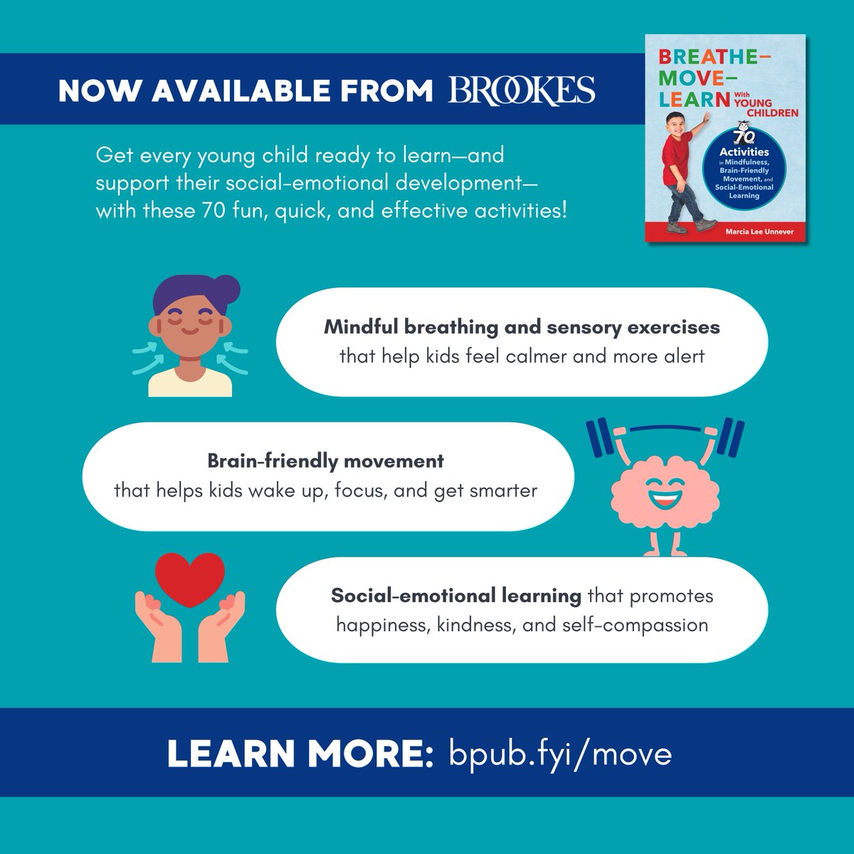 BrookesPubCo's tweet image. Teachers of #EarlyChildhood through Grade 3 will love Breathe–Move–Learn, a unique combination of #SEL, mindfulness, and brain-friendly physical activity that promotes growth, development, and behavior management. Explore the book: ecs.page.link/4Xwrw #MovementBasedLearning