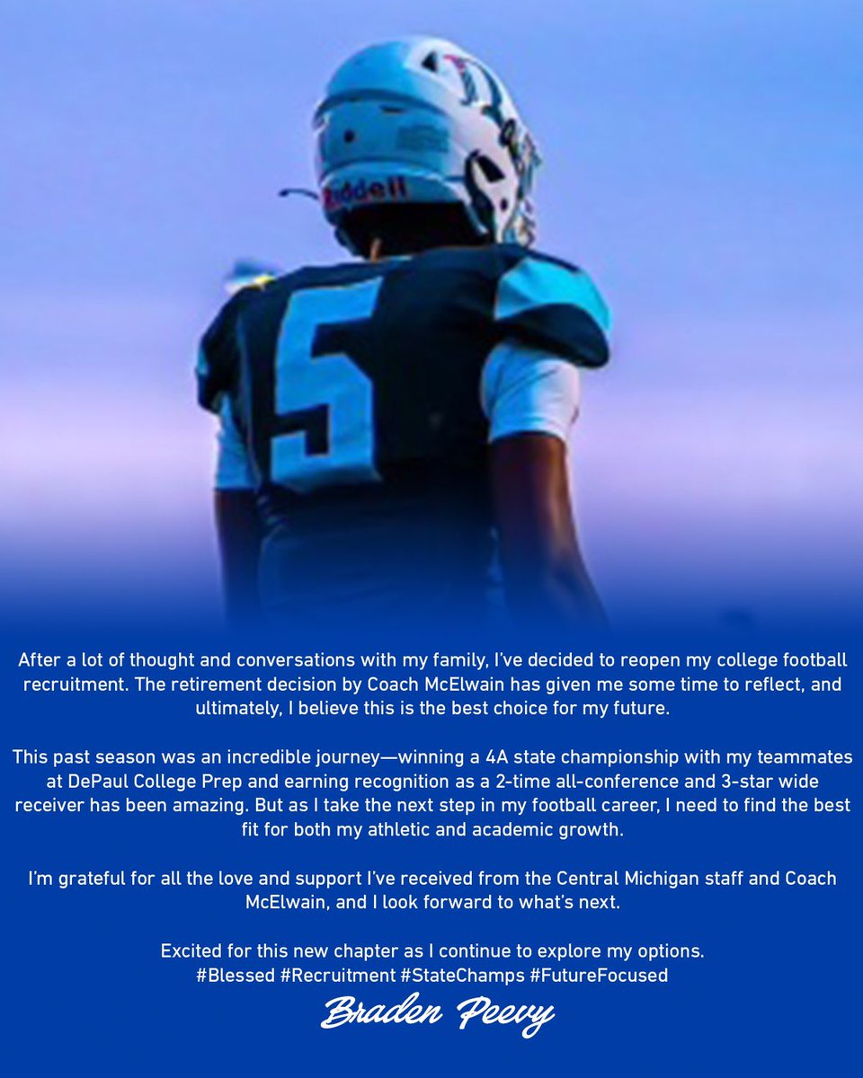 After talking with my family, I have decided to DECOMMIT from Central Michigan. My recruitment is 100% open.
<a href="/DePaulPrepFB/">DePaulPrepFB</a> <a href="/DePaulPrepAD/">DePaul Prep Athletics</a> <a href="/EDGYTIM/">Timothy “EDGYTIM” OHalloran</a> <a href="/scottybscout/">Scott Burgess</a> <a href="/PrepRedzoneIL/">Prep Redzone Illinois</a> <a href="/AllenTrieu/">Allen Trieu</a>