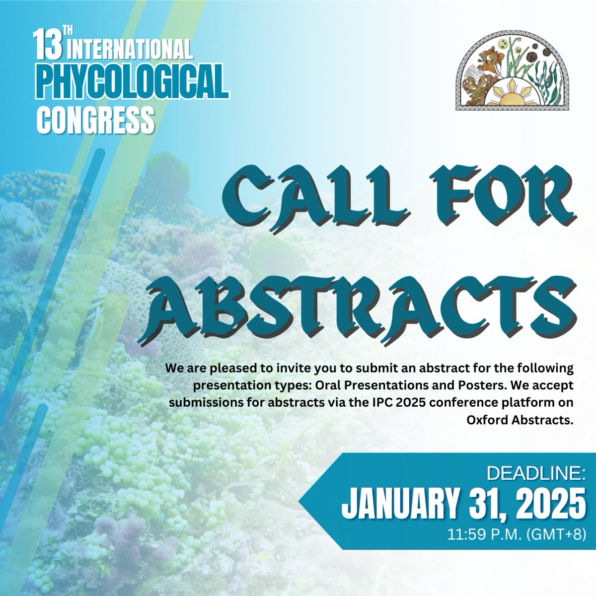 13th International Phycological Congress (@ipc_2025) on Twitter photo 🌿 Exciting news for all phycologists! 🌊
📢 The deadline for abstract submission at the 13th International Phycological Congress (IPC13) has been extended! 🎉
📜 Don’t miss this opportunity to present your work and connect with the global phycology community. 🌿 Exciting news for all phycologists! 🌊
📢 The deadline for abstract submission at the 13th International Phycological Congress (IPC13) has been extended! 🎉
📜 Don’t miss this opportunity to present your work and connect with the global phycology community.