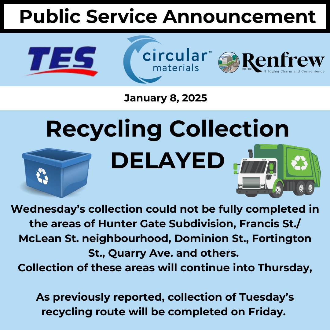 TES, the recycling collection contractor has asked us to notify residents that Wednesday's Collection could not be completed due to staffing issues. The collection of these areas will be completed on Thursday. As previously reported Tuesday's collection will occur on Friday.