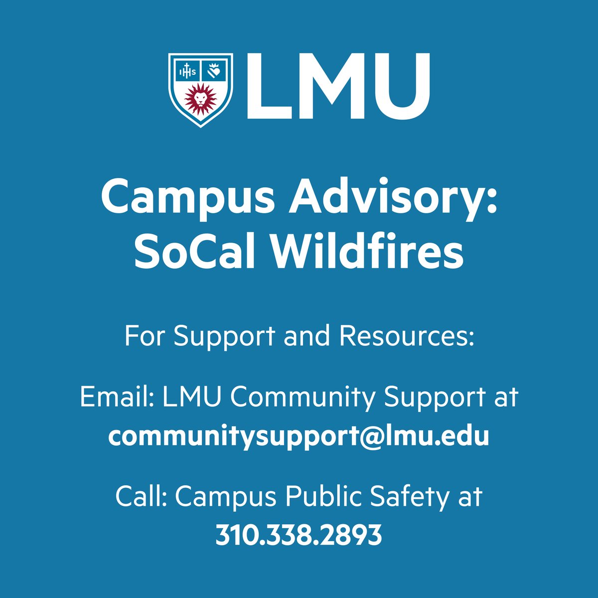 LMU continues to monitor the ongoing wildfires across LA County and remains connected with public officials and external resources. Please note that university campuses are not currently impacted and operations are normal. For updates please visit: newsroom.lmu.edu/category/commu…