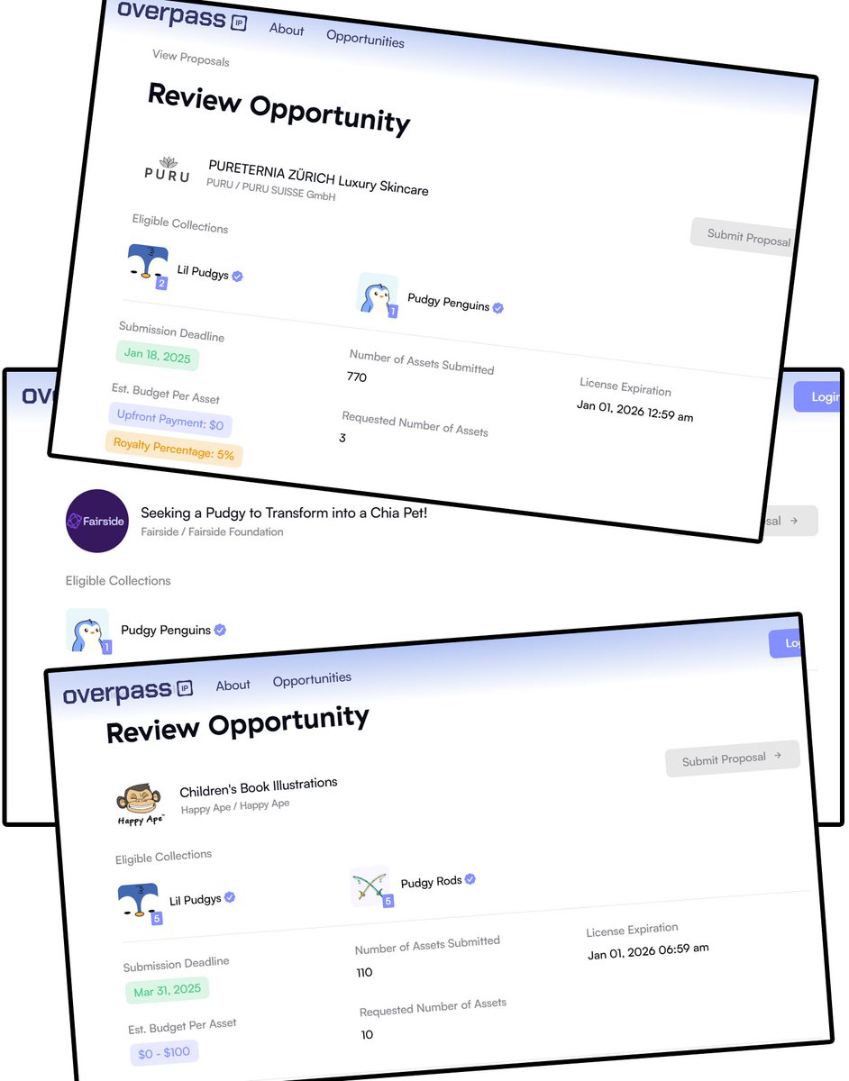 Berko 🐧 (@berko_crypto) on Twitter photo There are currently three licensing opportunities on <a href="/OverpassIP/">OverpassIP</a> for Pudgy Penguins, Lil Pudgys, and even Rogs
Make sure to submit! There are currently three licensing opportunities on <a href="/OverpassIP/">OverpassIP</a> for Pudgy Penguins, Lil Pudgys, and even Rogs
Make sure to submit!