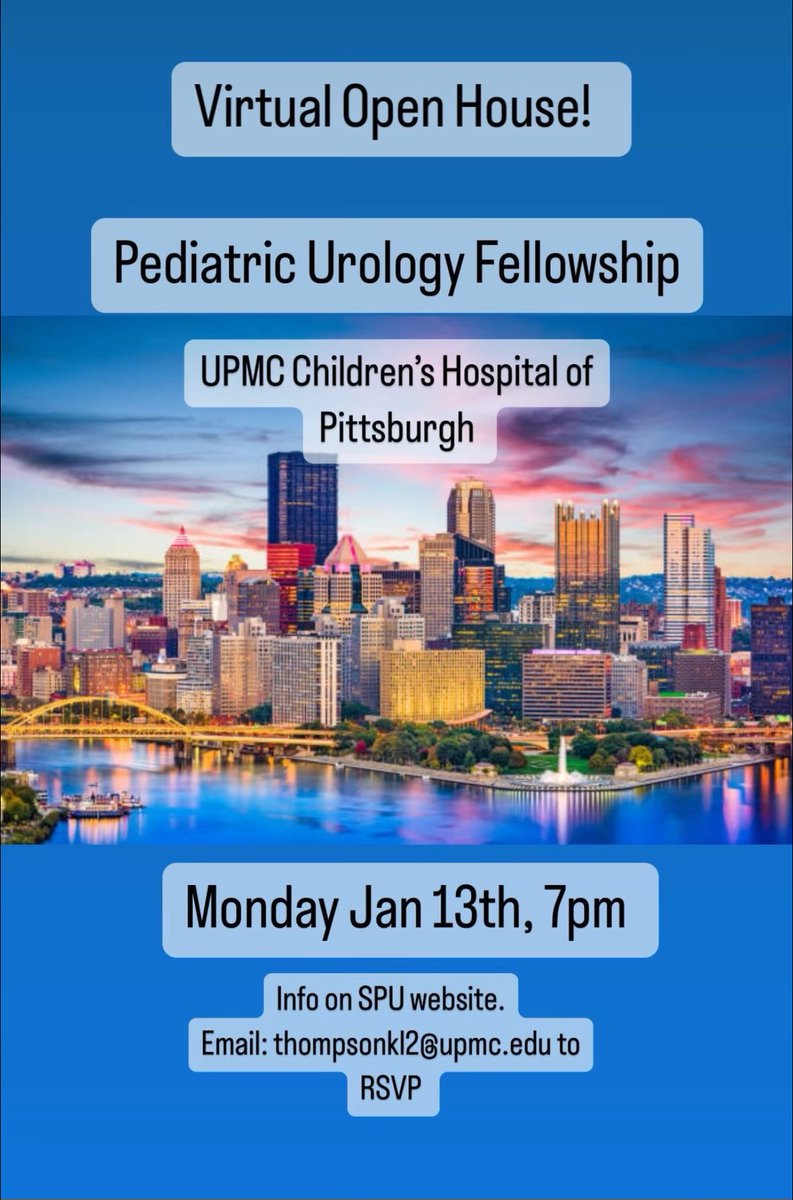 UPMC Urology (@upmcurology) on Twitter photo Please join us on Monday, Jan 13th, 7pm EST to learn more about our pediatric urology fellowship at the UPMC Children's Hospital of Pittsburgh!
Link to the meeting: tinyurl.com/544x5ct3
<a href="/AmerUrological/">Amer. Urol. Assn.</a> <a href="/SPU_Urology/">SPU_Urology</a> <a href="/upmcpedsurology/">UPMC Pediatric Urology</a> Please join us on Monday, Jan 13th, 7pm EST to learn more about our pediatric urology fellowship at the UPMC Children's Hospital of Pittsburgh!
Link to the meeting: tinyurl.com/544x5ct3
<a href="/AmerUrological/">Amer. Urol. Assn.</a> <a href="/SPU_Urology/">SPU_Urology</a> <a href="/upmcpedsurology/">UPMC Pediatric Urology</a>