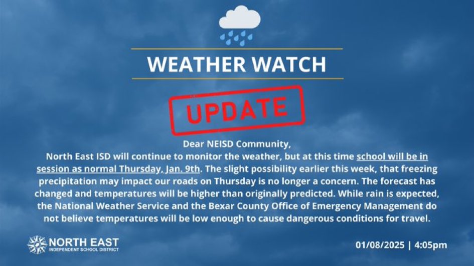 Jason Herrera (@jayxherrera) on Twitter photo IKE Families,
School will be open with regular school hours on Thursday. <a href="/ikeneisd/">Ike MS NEISD</a> <a href="/IKE_PTA/">Eisenhower PTA</a> IKE Families,
School will be open with regular school hours on Thursday. <a href="/ikeneisd/">Ike MS NEISD</a> <a href="/IKE_PTA/">Eisenhower PTA</a>