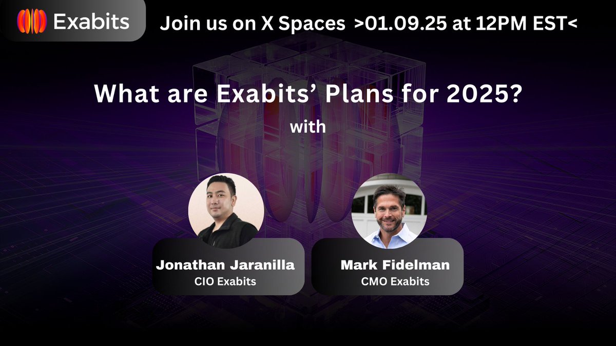 🗓️Tomorrow, 9 January 2025 at 12PM EST.  Be there.
Set your reminders NOW! x.com/i/spaces/1djgx…

Join us as Jonathan Jaranilla (<a href="/jjcosino/">Jonathan</a>), Exabits CIO, and Mark Fidelman (<a href="/markfidelman/">Mark Fidelman</a>), Exabits CMO, unveil Exabits' groundbreaking plans for 2025. 

What surprises do they have