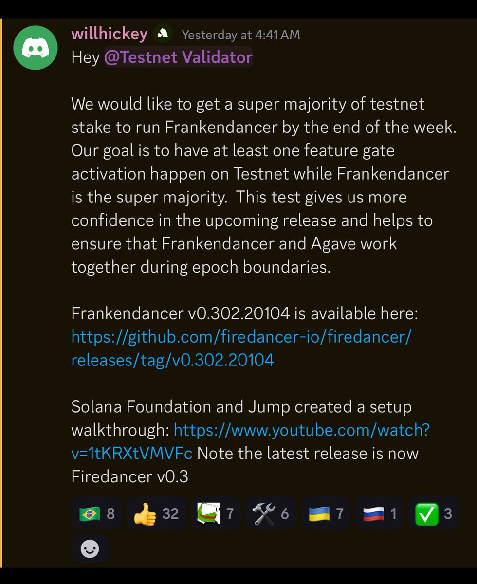 🚨BREAKING BIG: The Solana Foundation is ramping up @jump_firedancer  testing, urging Testnet validators in the Solana Tech Discord announcement  to adopt Frankendancer v0.3 “by the end of the week.” This critical test