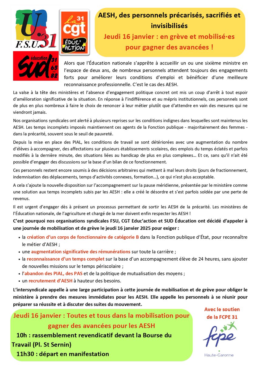 cgt_educ_31's tweet photo. #AESH le 16 janvier toutes et tous en grève https://t.co/WafrVAMY6n