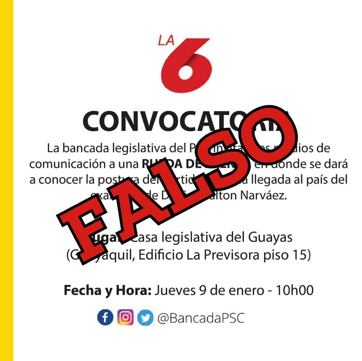 🚨INFORMACIÓN FALSA

ACLARAMOS que el señor Dalton Narváez NO ES MILITANTE del Partido Social Cristiano desde hace muchos años.