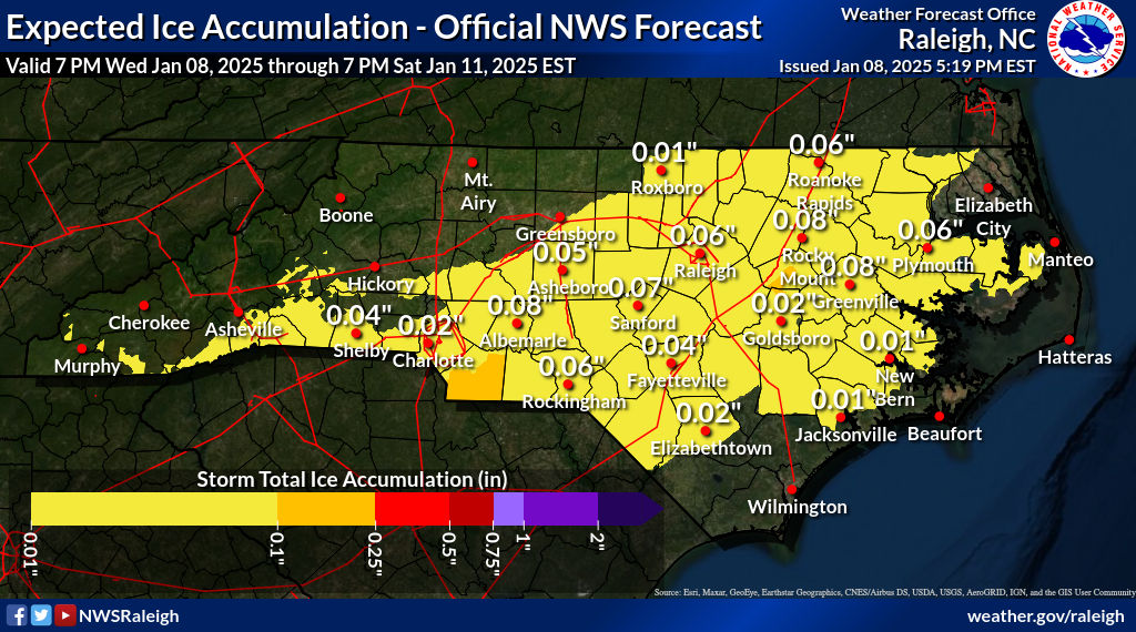 NWSRaleigh's tweet photo. Here are the updated storm total snow and ice forecasts, as well as when the chance of precipitation increases to 60% on Friday. You can view more graphics at https://t.co/DfLxmVP3wE. https://t.co/dIiAowmgjy