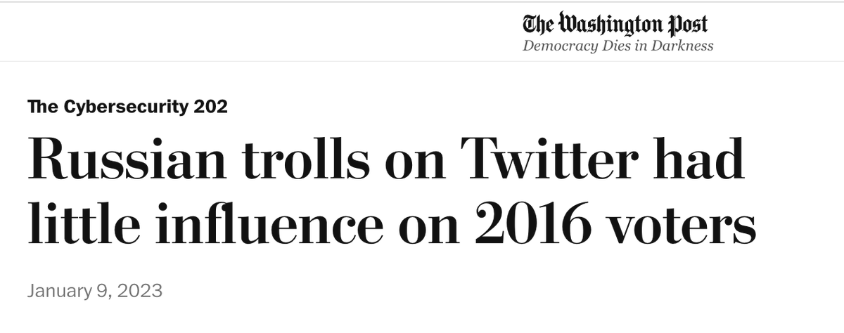 mtaibbi's tweet photo. "They got collusion wrong": that's a pretty galactic fuckup, considering it was the biggest story in the world for three years and earned the New York Times and Washington Post Pulitzer Prizes, while people like @aaronjmate, @ggreenwald, @paulsperry_, @LeeSmithDC and I were called traitors for suggesting it was incorrect. 

Regarding "interference," some facts:

- there has never been concrete evidence tying Russia to the release of internal files from the DNC. The head of Crowdstrike, the company that supposedly made the attribution, even testified in Congress that "we just don't have the evidence" the DNC was hacked at all;

- The DNC's lawsuit alleging it was hacked by Russia and made victim of a conspiracy that included Wikileaks and the Trump campaign was dismissed by a Clinton-appointed judge, who panned the lack of evidence for the DNC's "threadbare" conspiracy theory;

- the one criminal case alleging election interference was withdrawn by Robert Mueller's team after defendants appeared in court and sought discovery proving the allegations;

- the intial Intelligence Community Assessment (ICA) that claimed Russia conducted an "influence campaign" (the CIA/FBI/NSA never used the word "interference," by the way) to "denigrate" Hillary Clinton and help Donald Trump suppressed dissenting conclusions from within CIA chief John Brennan's own hand-picked team. It also excluded the dissenting opinion of State Department investigators and the Defense Intelligence Agency, while the FBI changed its conclusion a month before the report's release. The NSA never fully endorsed the report;

- that ICA relied at least in part on the horseshit Steele dossier;

- the primary source for the famed statistic that 126 million people were exposed to Russian "propaganda war" posts was New Knowledge, a firm that was hired by Senate investigators to study Russian influence but soon after disgraced, when it was caught creating fake Russian accounts and tying them to Senate candidate Roy Moore. "New Knowledge" had to change its name shortly after its celebrated Senate report, and its chief, Jonathon Morgan, was also implicated in another news scam, helping create the fake Hamilton 68 dashboard, which falsely claimed to track Russian bot activity;

- a New York University study in 2023 concluded Russian trolls had no impact on the election;

- the total value of Russian Facebook ads that were ultimately deemed to be election-related for court purposes was a whopping $2,930.

In sum, I didn't fuck up the biggest story in the world, and as for "interference," the main accusations involving a) "propaganda war" posts on Facebook and b) a "hack and leak" campaign involving the DNC are full of holes. 

The idea that people who peddled crap like the Steele dossier could be directionally "more right" about a story than someone who didn't make gigantic factual errors is hilarious. You can't un-screw a pooch.

https://t.co/611egZWGlp
https://t.co/gDdhQZ4pgb
https://t.co/AEEferaSJY
https://t.co/MbDdrob1oG