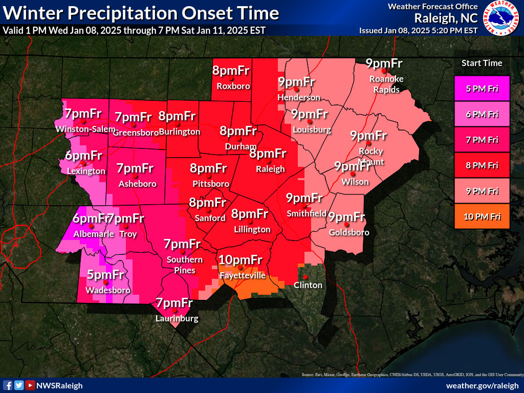 Here are the updated storm total snow and ice forecasts, as well as when the chance of precipitation increases to 60% on Friday. You can view more graphics at weather.gov/rah/winter.