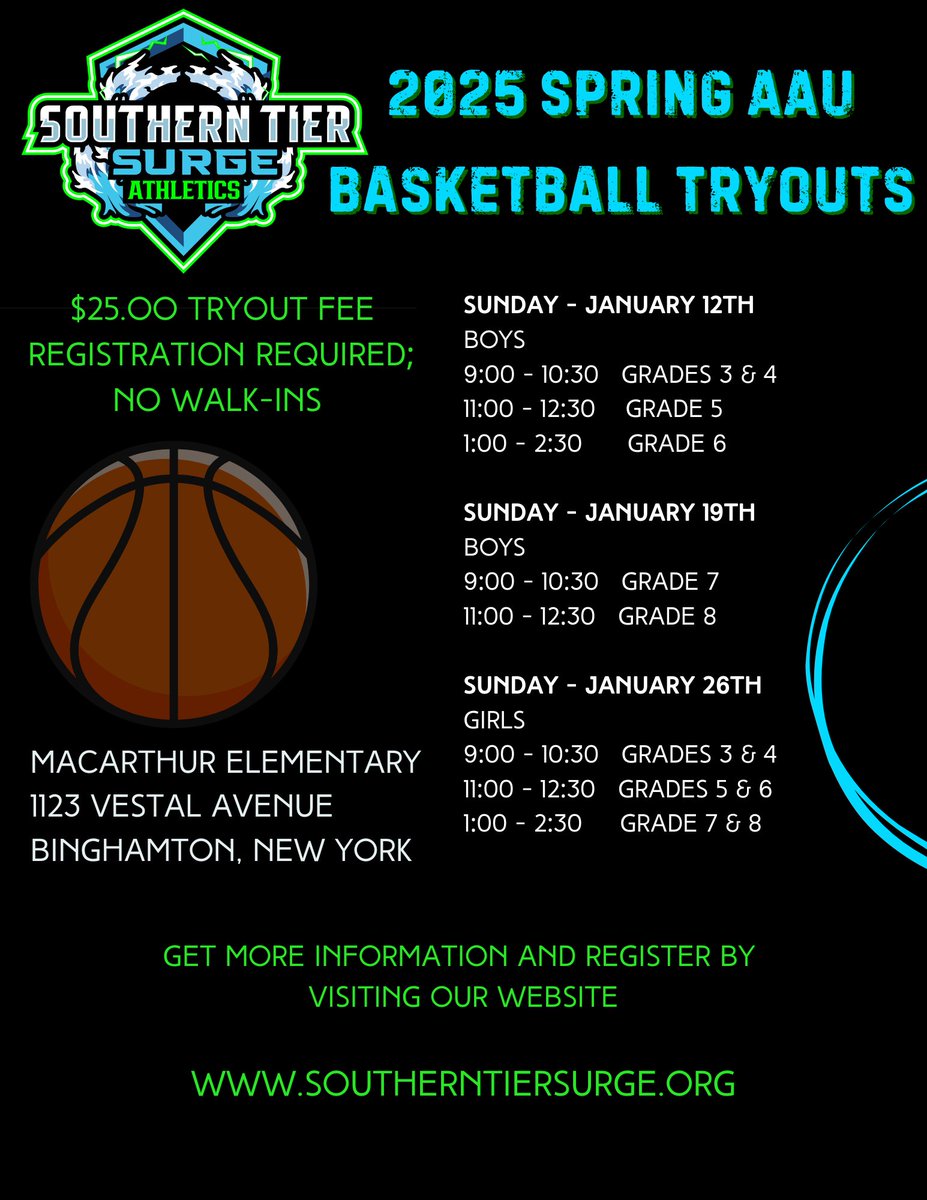 Our registration deadline is fast approaching! Don’t be left out! 

3rd - 6th grade boys tryouts are THIS Sunday at MacArthur Elementary School! 

All the important info is right on our website southerntiersurge.org

You must register by 8pm Saturday so get it done ASAP! 

It