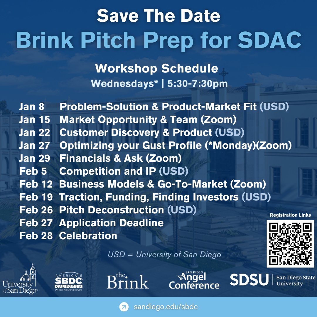 CaliforniaOSBA's tweet image. Check out the new Pitch Prep for SDAC from @TheBrinkSbdc. This free weekly series helps entrepreneurs prepare to compete in the San Diego Angel Conference (#SDAC). Attend the entire series or individual events.

Learn more &amp;amp; register here: bit.ly/4a6WKM3