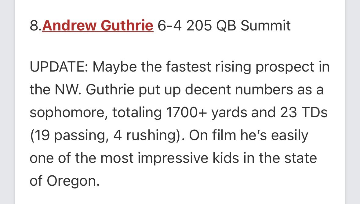 Andrew Guthrie (@andrewguthrie_7) on Twitter photo I appreciate the write up! 2nd ranked QB in class of 2027
<a href="/JordanJ_/">Jordan Johnson</a> <a href="/AndrewNemec/">Andrew Nemec</a> <a href="/BrandonHuffman/">Brandon Huffman</a> <a href="/Summitstorm_FB/">Summit Storm Football</a> <a href="/eforcefootball/">EForce Football</a> <a href="/jonahkoski/">Jonah Koski</a> I appreciate the write up! 2nd ranked QB in class of 2027
<a href="/JordanJ_/">Jordan Johnson</a> <a href="/AndrewNemec/">Andrew Nemec</a> <a href="/BrandonHuffman/">Brandon Huffman</a> <a href="/Summitstorm_FB/">Summit Storm Football</a> <a href="/eforcefootball/">EForce Football</a> <a href="/jonahkoski/">Jonah Koski</a>