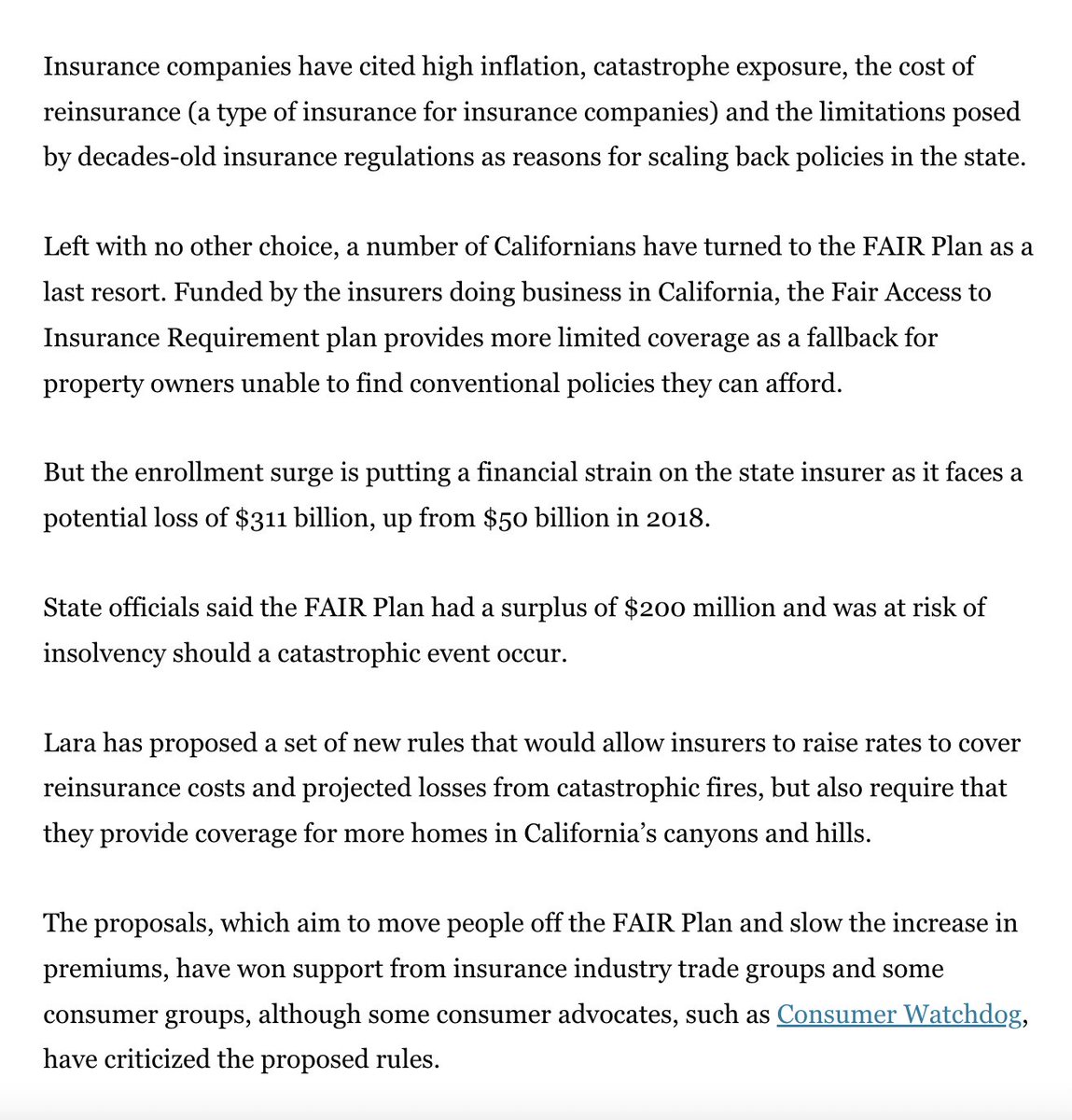 Last year, State Farm canceled 1,600 policies in Pacific Palisades because the state would not allow them to raise premiums enough to cover their exposure. The affected homeowners would then likely have to rely on the state-run FAIR Plan, an expensive last-resort insurance