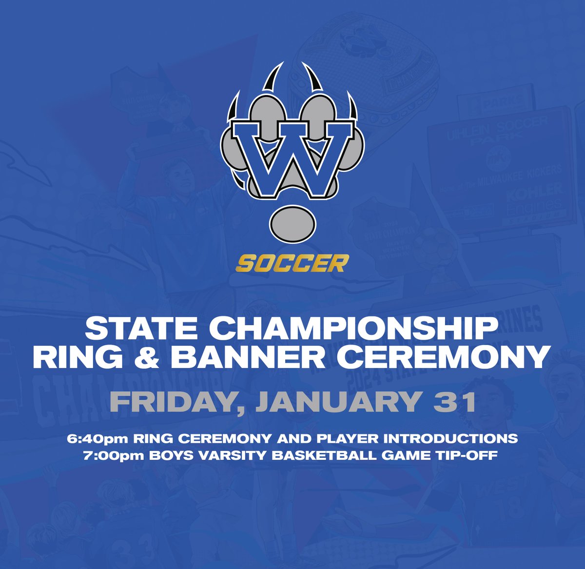 West Boys Soccer (@westsoccer1993) on Twitter photo The 2024 State Championship Ring & Banner Ceremony will take place next Friday, January 31st, at approximately 6:40pm. The ceremony will occur in the fieldhouse, prior to the 7:00pm Waukesha West Varsity Boys Basketball game.
<a href="/WolverinesPride/">Waukesha West Athletics</a>
<a href="/WaukWestHoops/">Waukesha West BBall</a>
<a href="/WaukeshaWestHS/">Waukesha West HS</a> The 2024 State Championship Ring & Banner Ceremony will take place next Friday, January 31st, at approximately 6:40pm. The ceremony will occur in the fieldhouse, prior to the 7:00pm Waukesha West Varsity Boys Basketball game.
<a href="/WolverinesPride/">Waukesha West Athletics</a>
<a href="/WaukWestHoops/">Waukesha West BBall</a>
<a href="/WaukeshaWestHS/">Waukesha West HS</a>