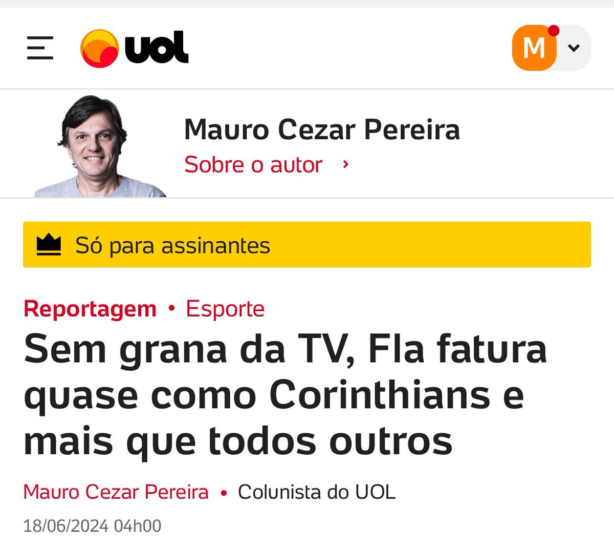 maurocezar's tweet photo. Não vi o documentário do Sportv sobre a recuperação financeira do Flamengo. Mas já observei por aqui torcedores de outros clubes reforçando teorias bizarras como se tudo tivesse caído do céu. Sim, caído do céu como o patrocínio farto de um banco americano a determinado clube carioca, ou o dinheiro que entrava em outro a partir da chegada ao poder de um bicheiro, além da grana que determinado plano de saúde enfiava em um terceiro.
Nenhum dos três soube aproveitar os períodos de vacas gordas para reduzir dívida, investir em estrutura etc. E um deles vive, novamente, momento no qual é turbinado por dinheiro que não é capaz de gerar.
Por essas e outras seguem financeiramente de mal a pior, ou dependentes de quem os sustente. Torcedores desses clubes que preferem alimentar teorias tacanhas deveriam cobrar dos dirigentes de seus clubes uma boa gestão. Lamento informar, mas quem age assim está sendo pouco inteligente e indiretamente aprovando o que fazem aqueles que conduzem suas agremiações à bancarrota.
Deixo aqui um link para os que souberem interpretar o que leem: https://t.co/jNG6ieSW8z