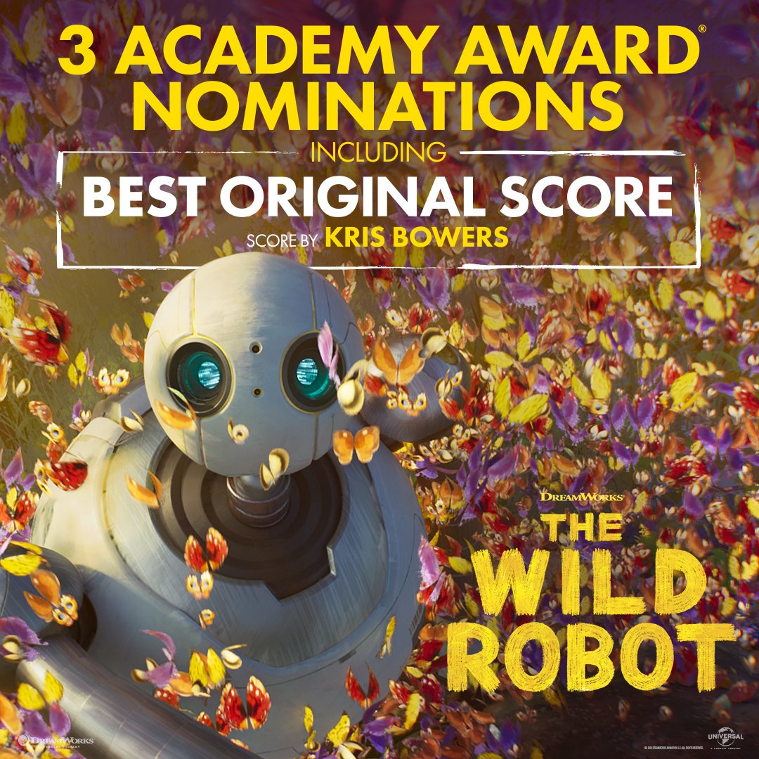 Dreamworks's tweet image. Roz is going for Gold! #TheWildRobotMovie earns 3 Academy Awards Nominations including Best Animated Feature, Best Original Score, and Best Sound. #Oscars