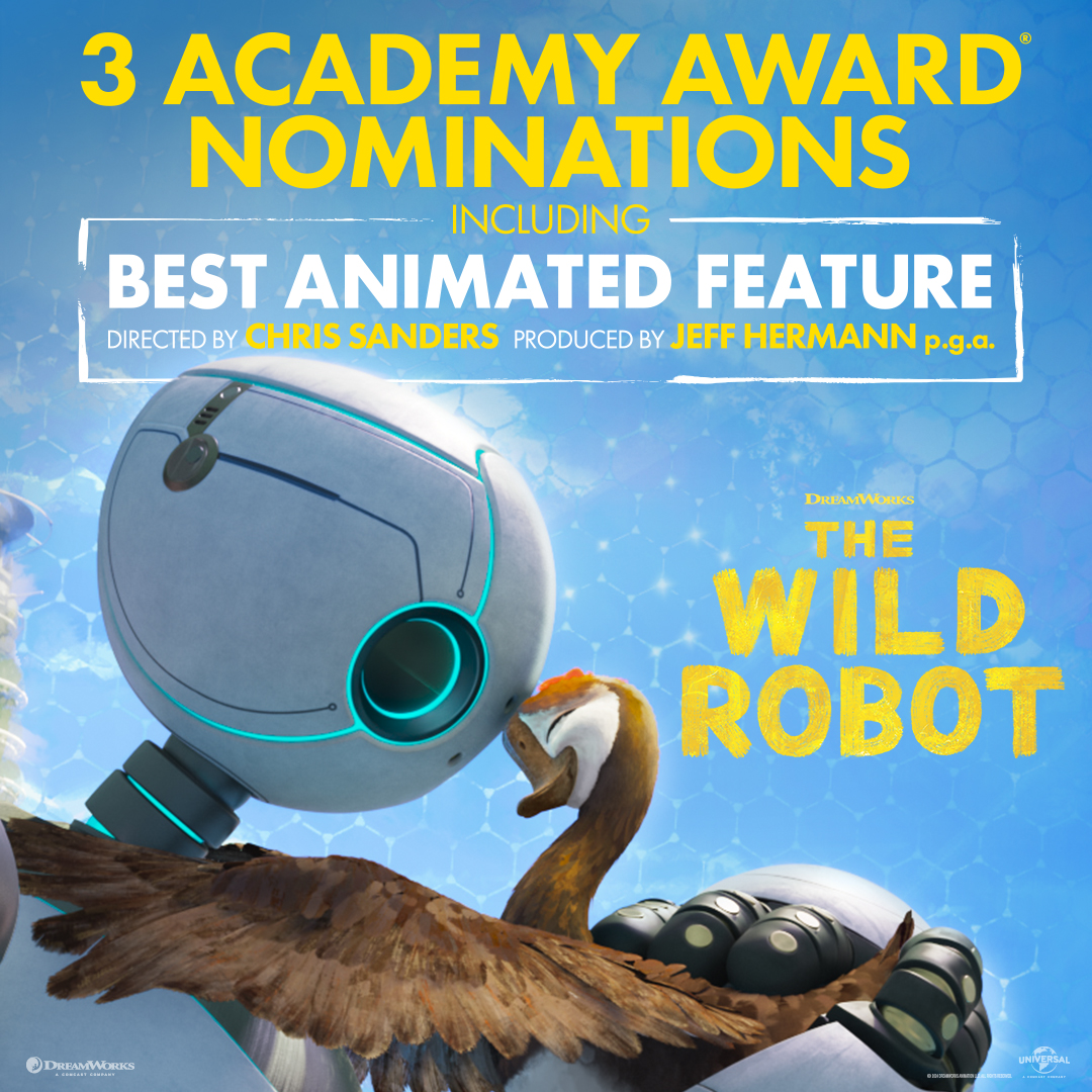 Dreamworks's tweet image. Roz is going for Gold! #TheWildRobotMovie earns 3 Academy Awards Nominations including Best Animated Feature, Best Original Score, and Best Sound. #Oscars