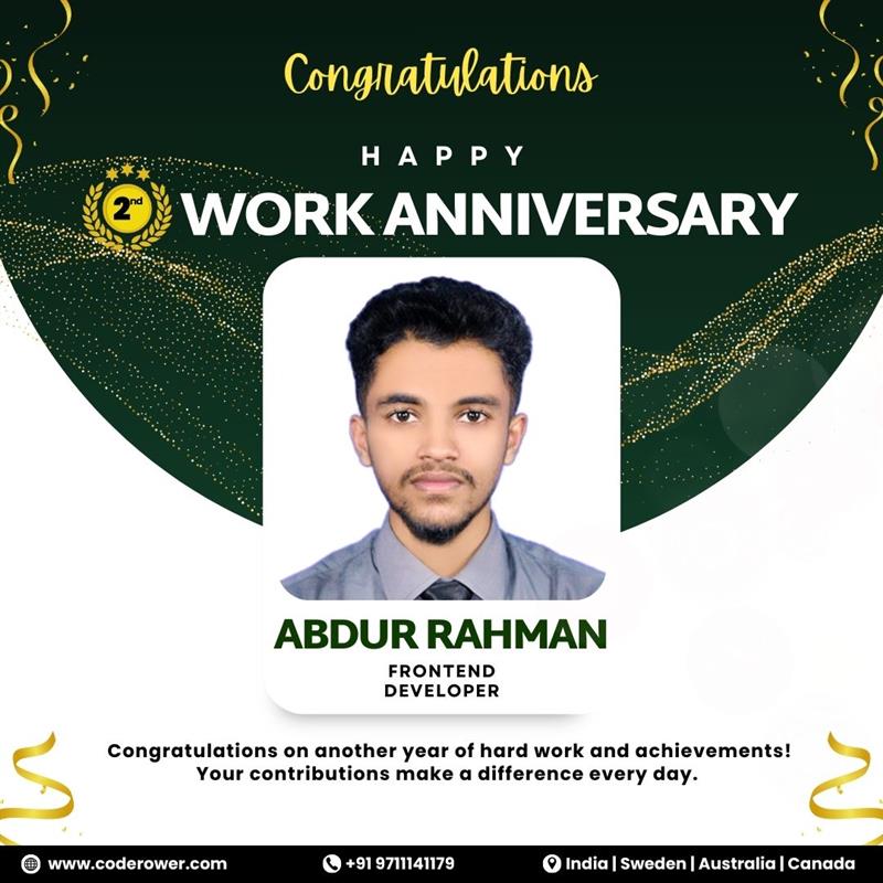 coderower's tweet image. Happy 2nd Work Anniversary to our amazing Frontend Developer, Abdur Rahman! Your dedication and contributions light up CodeRower every day.

Want to join a team that celebrates every milestone? coderower.com/career

#coderower #teamcoderower #frontdeveloper #frontdevelopment