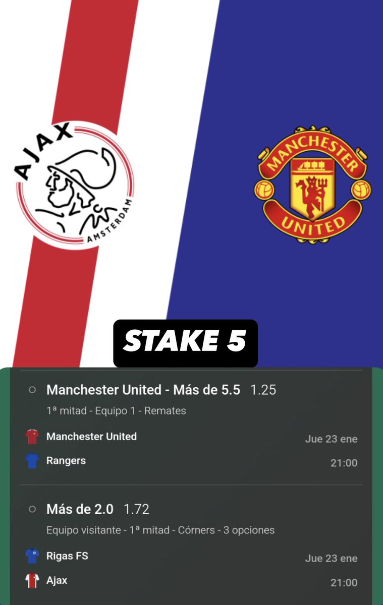 villapicks365's tweet image. Nos encanta la EUROPA LEAGUE y vamos con un par de pronósticos :
✳️STAKE 5
#ManchesterUnited vs #RangersFC 
- Más de 5.5 remates para el United en la primera parte junto con
#RigasFS vs #Ajax 
-Más de 2 córners en la primera parte para Ajax 
✳️STAKE 1
#AZAlkmaar vs #Roma 
-Más de