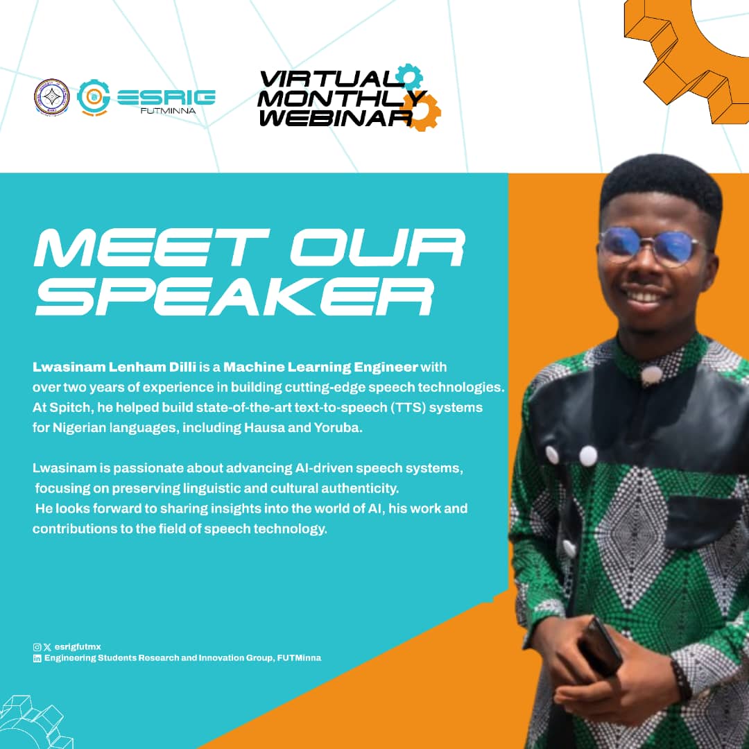 Esrigfutmx's tweet photo. We are excited to have @lwasinam a machine learning Engineer join us  for our webinar. 

Topic: From Robots to Smart Cars: AI's Role in Transforming Engineering 
Date: Saturday, 25th January, 2025.
Time: 5pm

Get ready to be inspired by their wealth of knowledge and experience! https://t.co/08k4d0VKMc