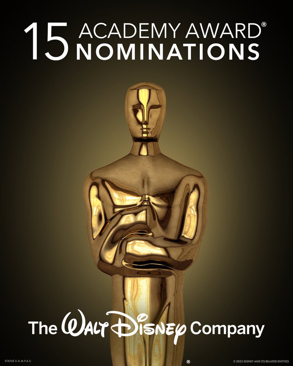 Disney's tweet photo. Congratulations to all the 15 #Oscars nominations from across The Walt Disney Company. Discover all of the nominees: https://t.co/2VC5f2HIZe https://t.co/a0w3XnN0UI