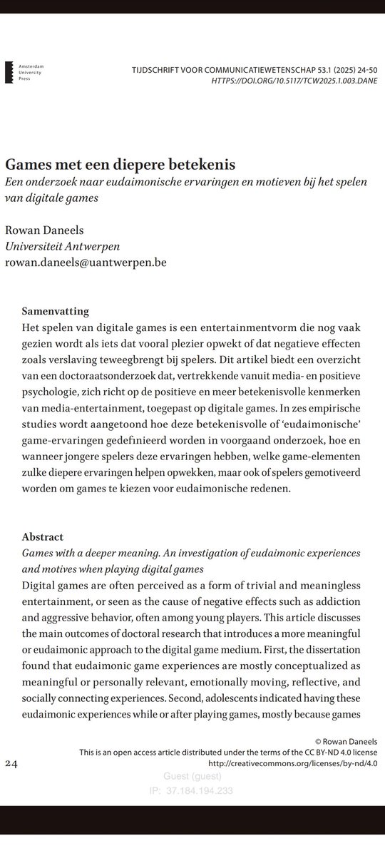 NEW PUB 🚨

<a href="/TCW_AUP/">Tijdschrift voor Communicatiewetenschap</a> recently published an overview article [in Dutch] which summarizes my doctoral research on eudaimonic game experiences and motives in just 22 pages (compared to the 450+ pages long dissertation).

It's available in open access through aup-online.com/content/journa…