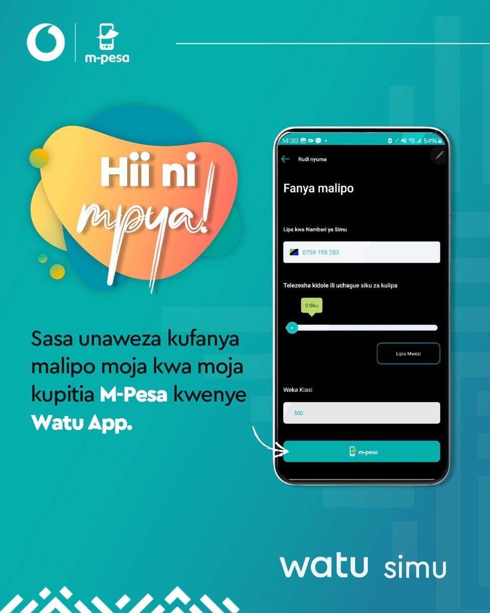 WatuSimuTz's tweet photo. Ni haraka, rahisi na salama! Fanya malipo ya mkopo wako kupitia M-Pesa kwenye Watu App moja kwa moja bila kutoka kwenye App!

Fanya malipo yako kiurahisi, kwa uharaka na mahali popote! 💯

#WatuSimu #Tanzania #Mkopo #Smartphone https://t.co/GieNrNrhkl