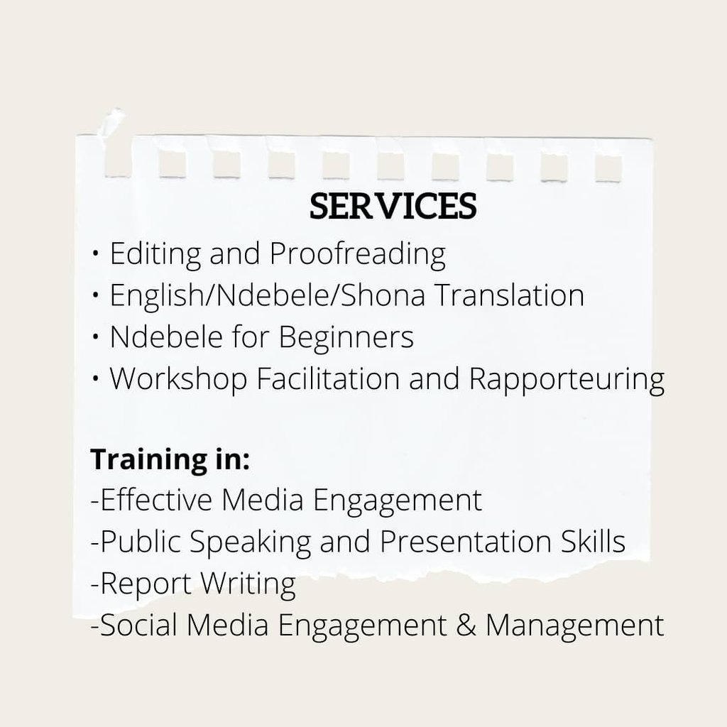 Dear Twitter family,

Please support my #hustle by sharing my profile with your networks. If you require services in Frame 2, please DM. I also craft media and communication strategies.

Please note: I am based in Harare, but I can travel for work.

Thank you...