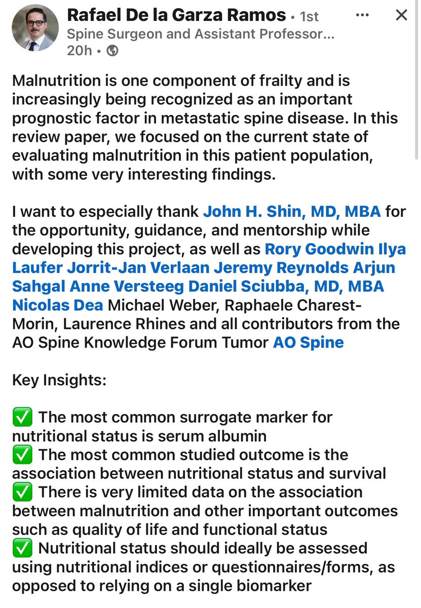 Incredible work by <a href="/rafdelag/">Rafael De la Garza</a> &amp; the <a href="/AOSpine/">AO Spine</a> Tumor Knowledge Forum, further defining the impact of malnutrition on our metastatic disease population.

lnkd.in/evvgXfrw