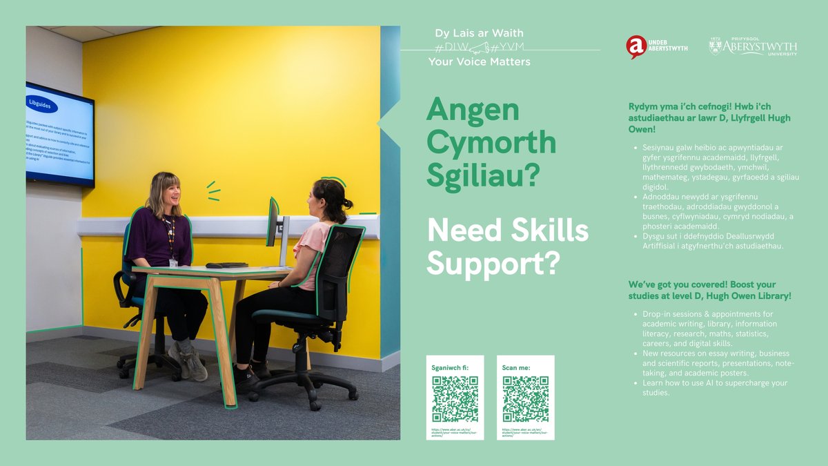Need Skills Support?
We’ve got you covered! Boost your studies at level D Hugh Owen Library!
#YVM
Angen Cymorth Sgiliau?
Rydym yma i’ch cefnogi! Hwb i'ch astudiaethau ar lawr D, Llyfrgell Hugh Owen!
#DLW