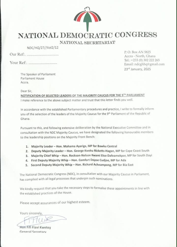 ghonetv's tweet photo. NDC announces Majority Caucus leadership for the 9th Parliament...

#GHOneNews #EIBNetwork 
#GHOneTV #NewsAlert https://t.co/JUoEl8bqlT