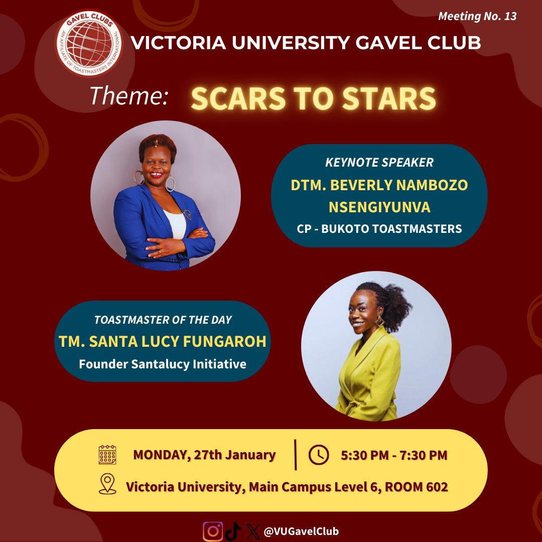 What if the challenges you’ve faced could be the fuel for your brightest transformation?

Join us on Monday 27th for an evening filled with inspiration, resilience, and powerful stories that will spark your journey to greatness!

#ScarsToStars
#VUGavelClub
#InspirationUnleashed