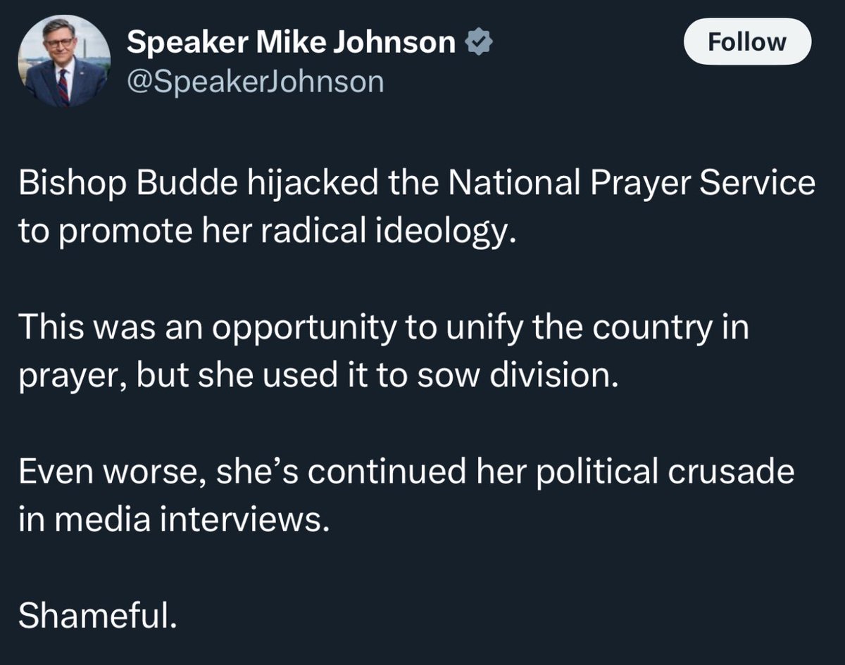Mike Johnson, who frequently proclaims his personal piety, condemns Bishop Budde for urging the President of the United States, during a Christian sermon within a church, to embrace mercy toward the marginalized—a principle at the heart of Christian teachings.