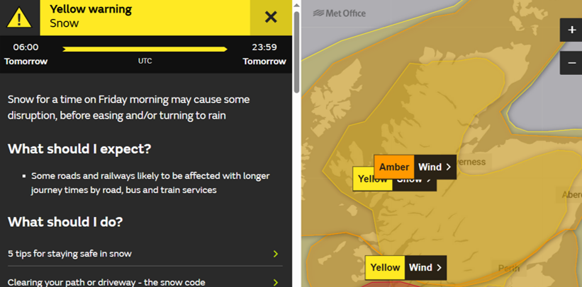 🟡YELLOW Weather Warning issued for Snow 🌨️ across some parts of Aberdeenshire 

🌨️Friday 24th (06:00) - (23:59) 

Plan your Journey✅
Vehicle Checks (Wipers, Tyres)✅
Stay updated on road conditions✅
Let someone know your ETA✅
Drive to the conditions✅