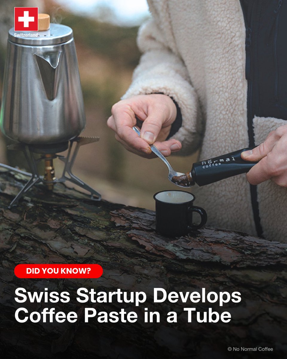 AbtSwitzerland's tweet photo. How to enjoy high-quality coffee on a hike? ☕🇨🇭

Swiss start-up No Normal Coffee has tackled this challenge with a surprising innovation: coffee in a tube, like toothpaste! Just mix a spoonful of this concentrated paste with hot or cold water.

ℹ️: https://t.co/2MZBoew5Zj https://t.co/9CQZMOmJMM