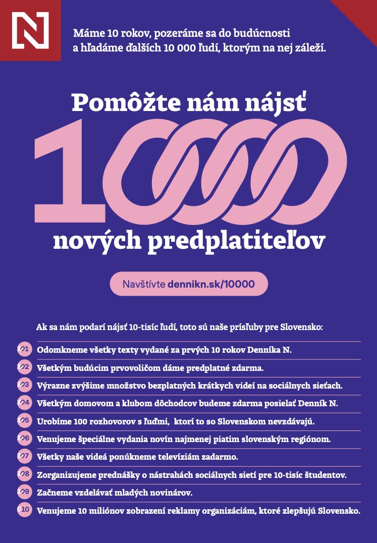 kvasinka's tweet photo. Priatelia, nebudeme si klamať, naša krajina neprekvitá. 
Chceme preto urobiť týchto desať veľkých a drahých vecí, aby sa oveľa viac Slovákov dostalo k dôveryhodným informáciám: dať predplatné zadarmo všetkým prvovoličom, dať papierové noviny zdarma dôchodcom, odomknúť kompletný archív a tak ďalej.
Na to potrebujeme vašu pomoc.

Ak už máte predplatné Denníka N, choďte na https://t.co/yphX986fOP, nájdete tam svoj unikátny odkaz - a povedzte jednému človeku vo vašom okolí, že ak mal doteraz akékoľvek výhrady, teraz môže prvýkrát mať predplatné na 10 týždňov aj za 0 eur a vytvoriť si vlastný názor.

Ak nemáte predplatné, tu je môj osobný odkaz na predplatné od 0 €, lepšia ponuka ešte nikdy nebola a asi ani nebude, ak ste doteraz frflali len na odomknuté časti textov, je tu šanca 10 týždňov frflať na odomknuté texty: https://t.co/rLZ6qG5sq8

Budem vďačný za každé zdieľanie.