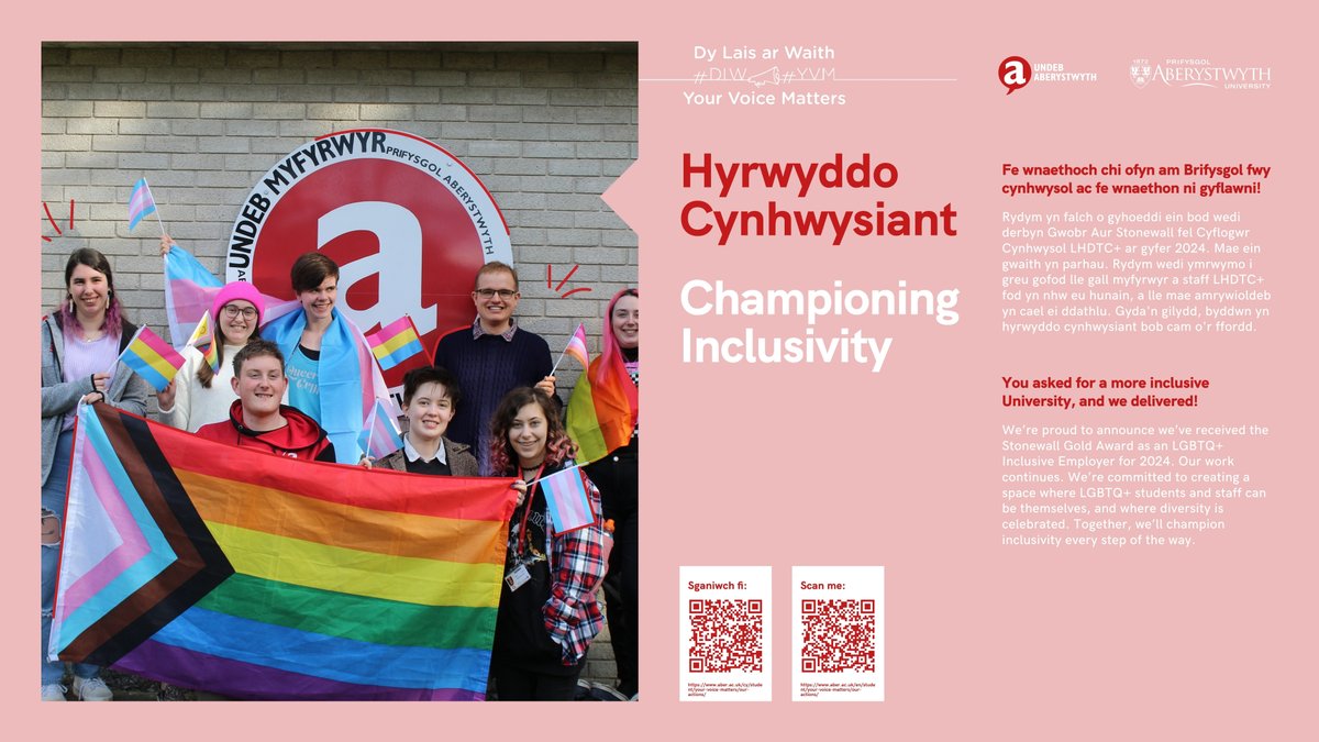 Championing Inclusivity
You asked for a more inclusive University, and we delivered!
#YVM
Hyrwyddo Cynhwysiant
Fe wnaethoch chi ofyn am Brifysgol fwy cynhwysol ac fe wnaethon ni gyflawni!
#DLW