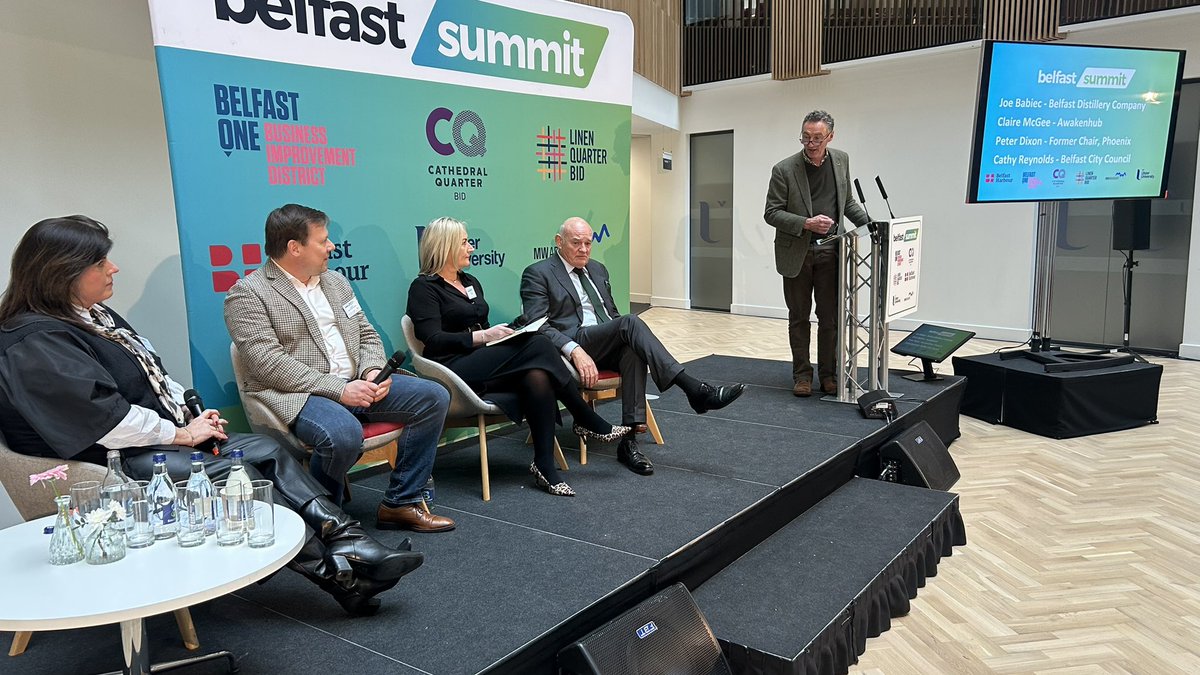 newbelfast's tweet photo. A privilege to join other community builders at the #BelfastSummit Inspiring line-up: Joe Babiec from Boston who made distillery in jail possible, Claire McKee of Awaken Hub, Peter Dixon, former chair Phoenix Energy &amp; Cathy Reynolds (left) of @belfastcc David Gavaghan chairing https://t.co/hv1HfMLckN